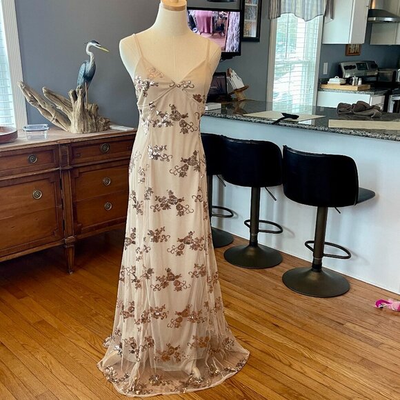 Champaing Color Mermaid Paillettes Sequins Strappy Maxi Prom Formal Ball Gown - Picture 3 of 8